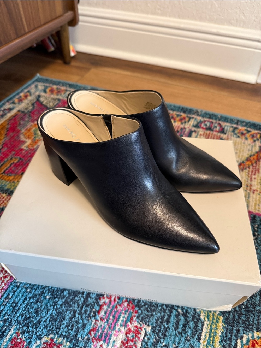 Marc Fisher Black Pointed Leather Mule Heels